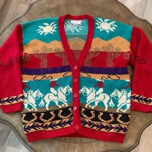 Vtg 80s 90s Sweater Loft Western Colorful Cardigan Rodeo Aztec Horseshoe Large